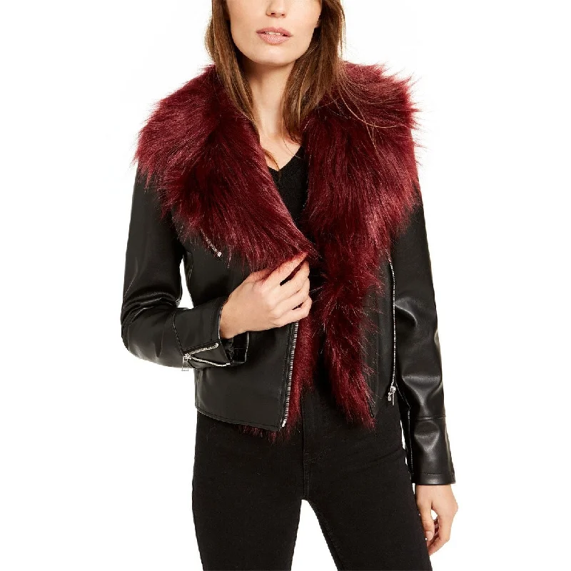 casual blazer jackets for women -Bar III Women's Faux-Fur-Trim Moto Jacket Black Size Large