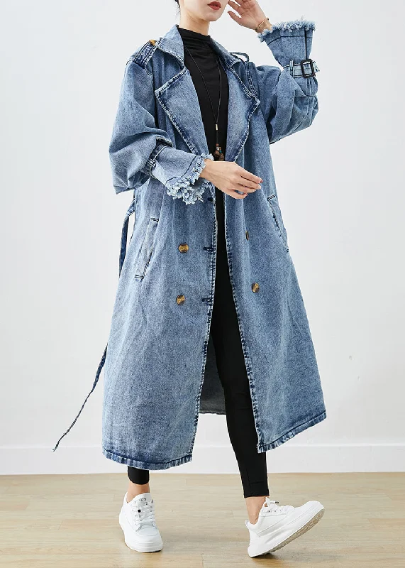 women's windbreaker jackets -Art Light Blue Lapel Double Breast Denim Trench Coats Fall