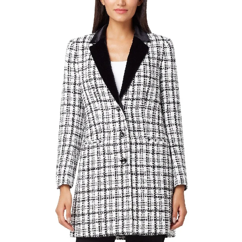 women's raincoats -Tahari ASL Women's Velvet-Collar Plaid Boucle Jacket White Size 12