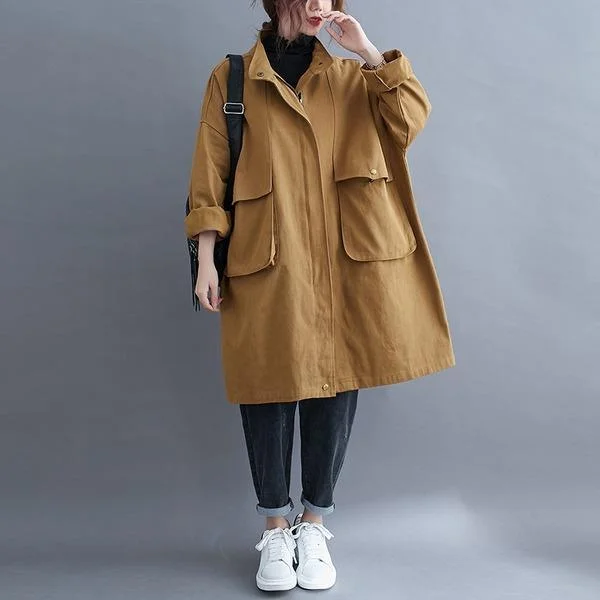 women's plaid coats -cotton plus size Oversized vintage casual loose midi winter autumn spring trench coat