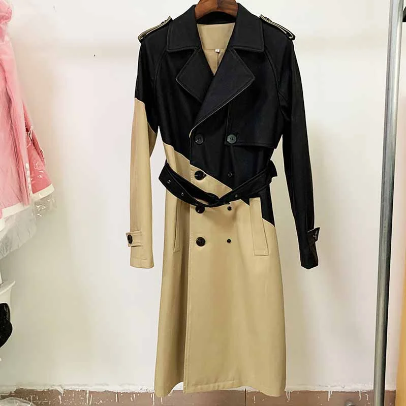 casual jacket sets for women -Women's Khaki & Black Trench Coats Double Breasted Outwear Coat With Belt