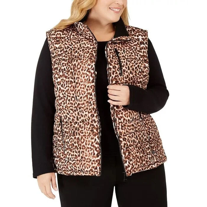 sporty jackets for women -Calvin Klein Women's Plus Size Leopard-Print Puffer Vest Yellow Size 2X