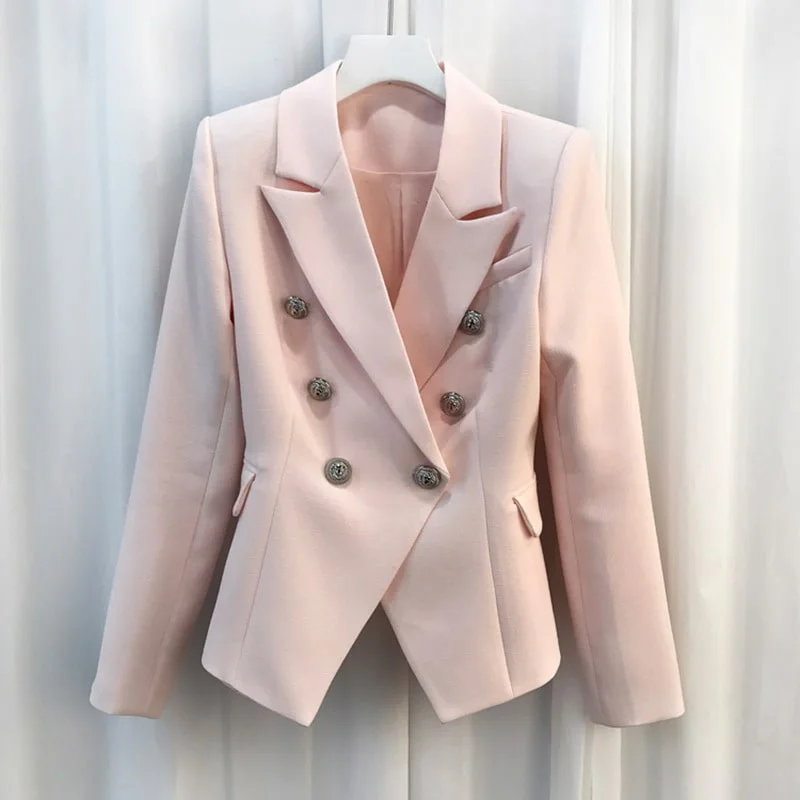 lightweight jackets for women -Women's Fitted Gold Lion Buttons Fitted Jacket Formal Pink Blazer