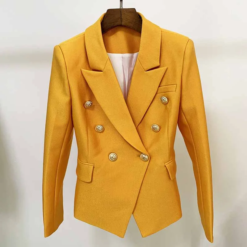 chic double-breasted blazers -Women's Yellow Textured Luxury Fitted Double Breasted Blazer with Lion Buttons