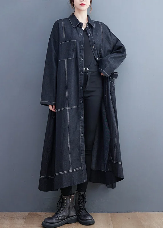 women's bomber jackets -French Black Button Pockets Denim Long Trench Coat Fall