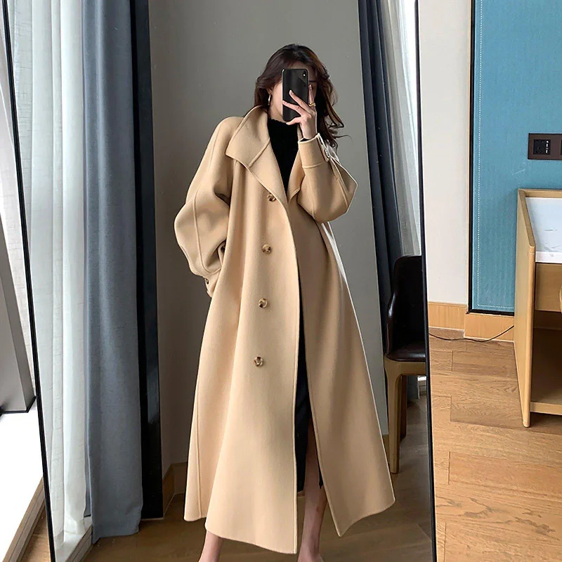 trendy puffer coats for women -Double Face Wool Wrap Belted Long Coat