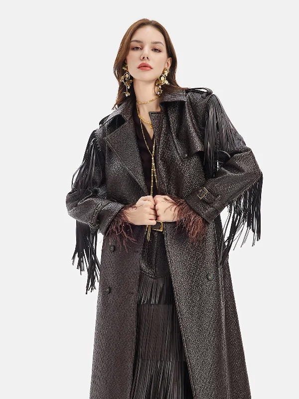 warm hooded jackets for women -Fringe Double-Breasted Leather Trench