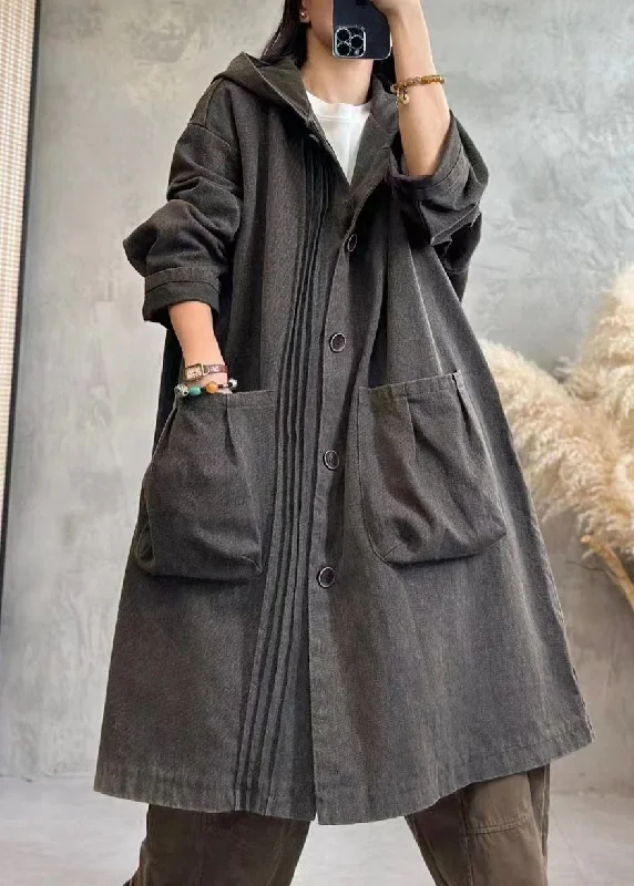 casual zip-up jackets for women -Vintage Black Wrinkled Button Hoodies Denim Trench Coats Fall