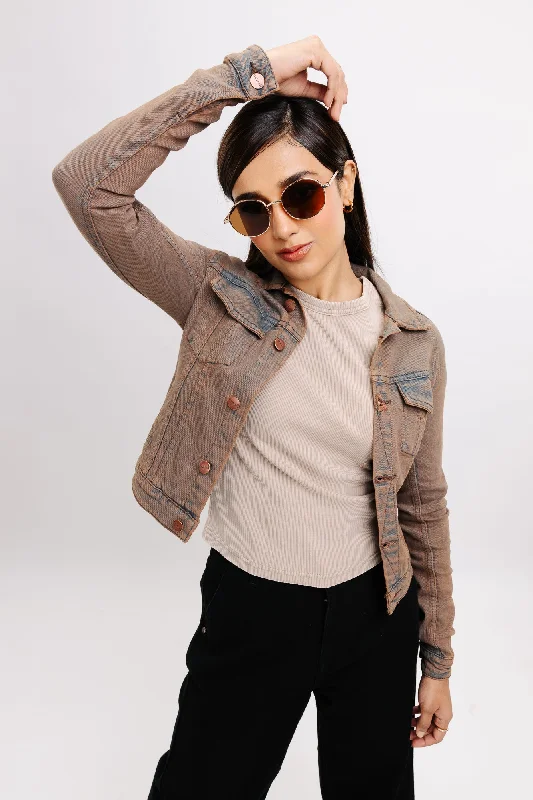 faux suede jackets for women -Brown Play Stretch Denim Jacket