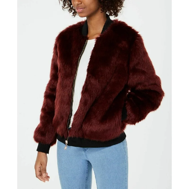 women's quilted bomber jackets -Say What? Juniors' Faux-Fur Jacket Burgundy Size Extra Small - X-Small