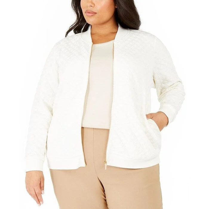 women's faux fur coats -Charter Club Women's Textured Knit Bomber Jacket White Size XX-Large