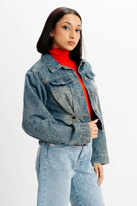 women's cargo jackets -Green Tinted Denim Jacket