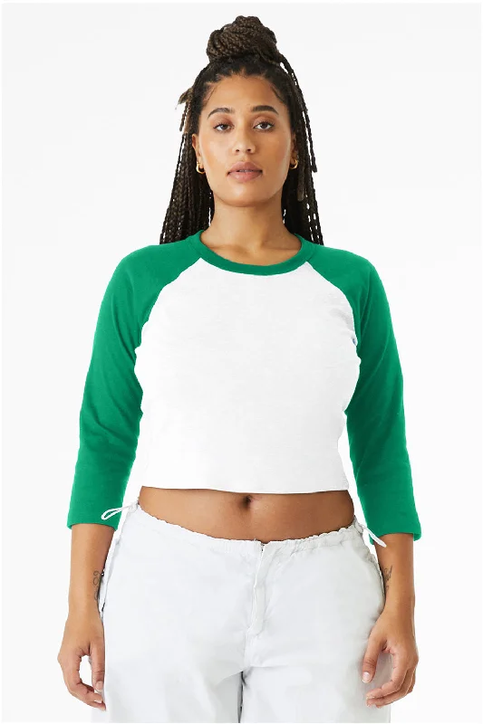 short sleeve tops for women -Bella + Canvas Womens Micro Ribbed Raglan 3/4 Sleeve Crewneck Baby T-Shirt - White/Kelly Green