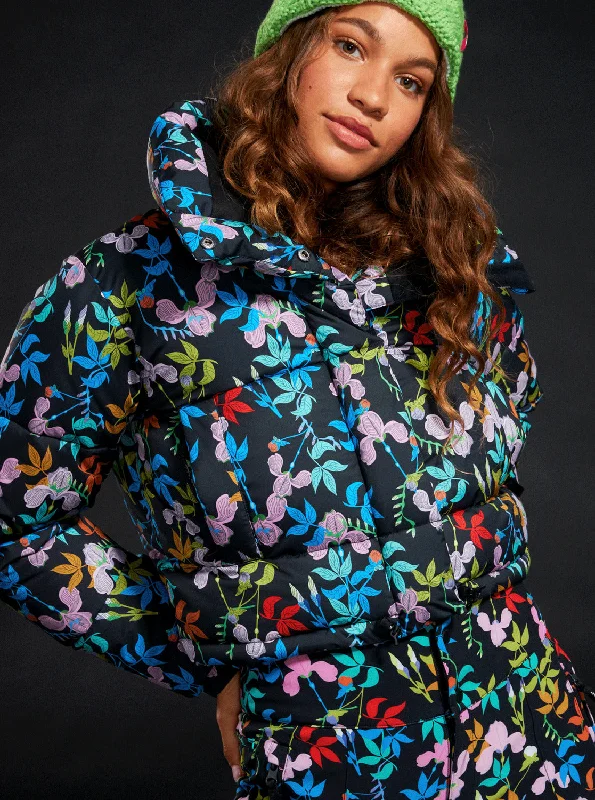 women's hooded winter coats -ROWLEY X ROXY Cropped Winter Bomber Jacket - True Black Multifloral