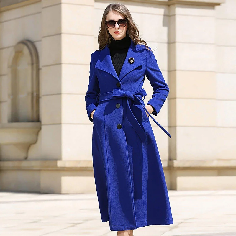 women's faux fur coats -Custom Blue Belted Three Button Fit & Flare Wool Blend Coat