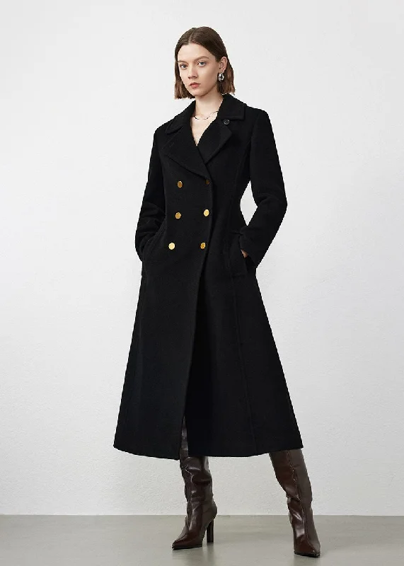 elegant wool jackets for women -Notched Collar Double Breasted Wool Blend Long Coat