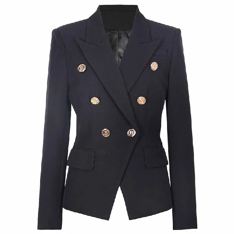 women's sleek winter jackets -Women Double Breasted Gold Button Blazer