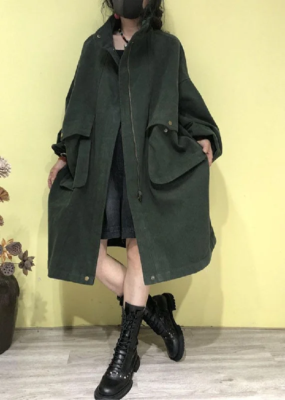 women's wool coats -Plus Size Green Stand Collar Zippered Pockets Trench Coats Fall