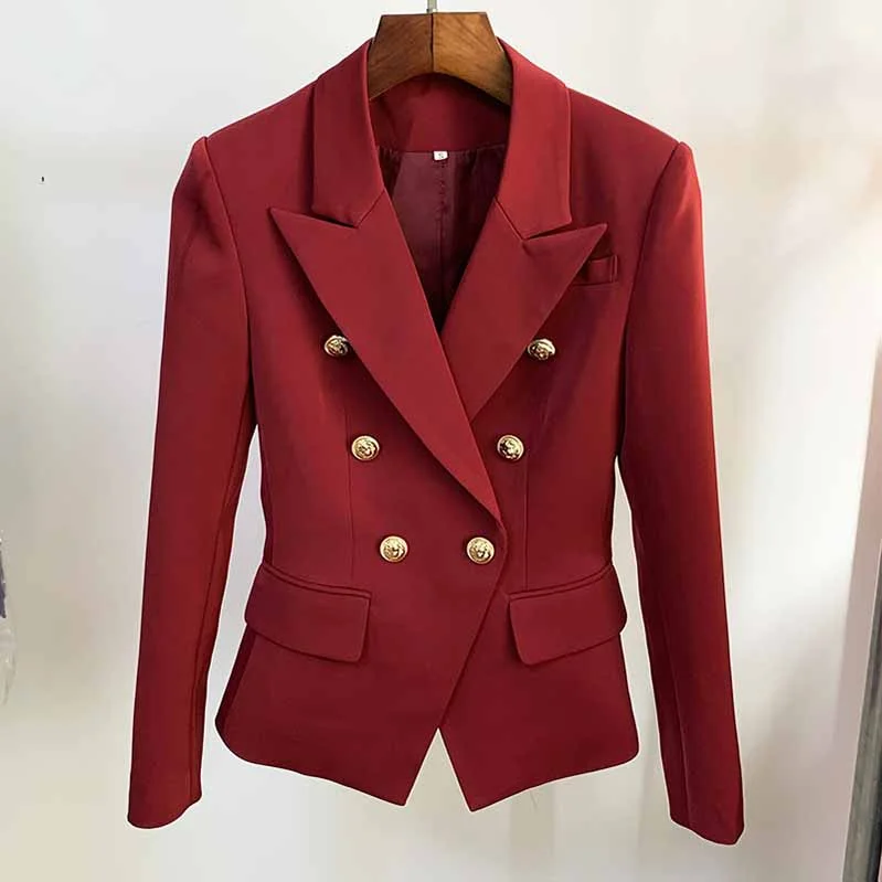 women's leather coats -Womens Wine Red Jacket Coat Metal Lion Button Double Breasted Slim Blazer