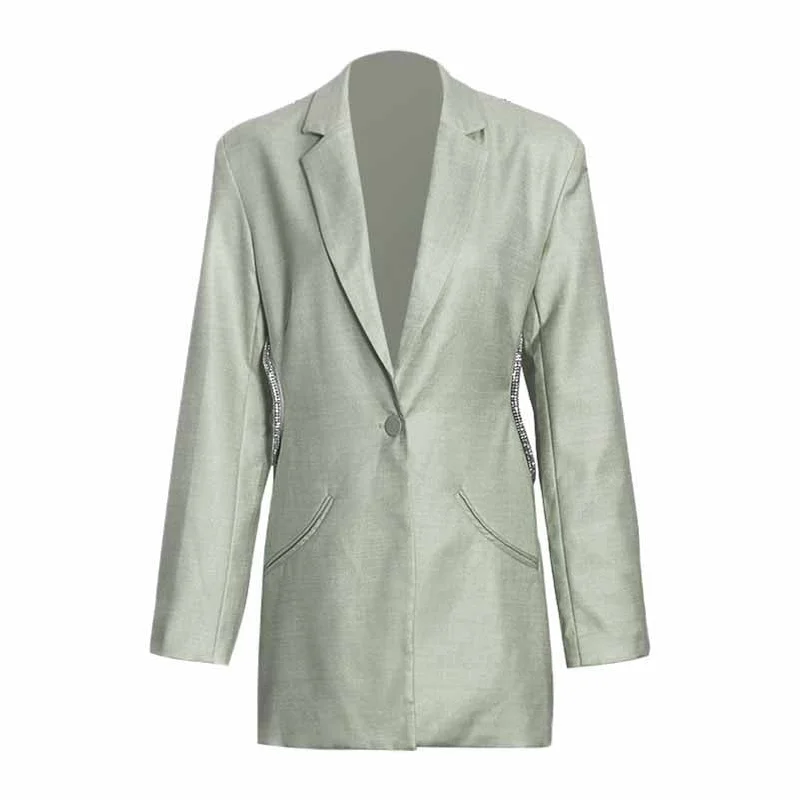 classic black jackets for women -Women Deep-V One Button Blazer Clear Back Mid-Length Blazer