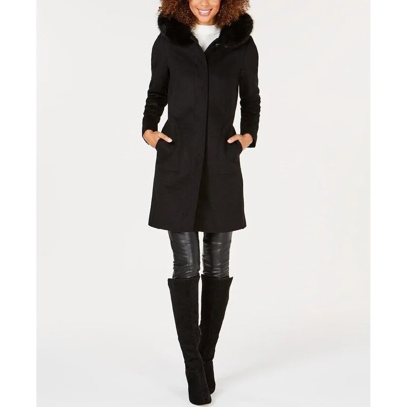 long wool coats for women -Forecaster Women's Fox-Fur-Trim Hooded Walker Coat Black Size 6