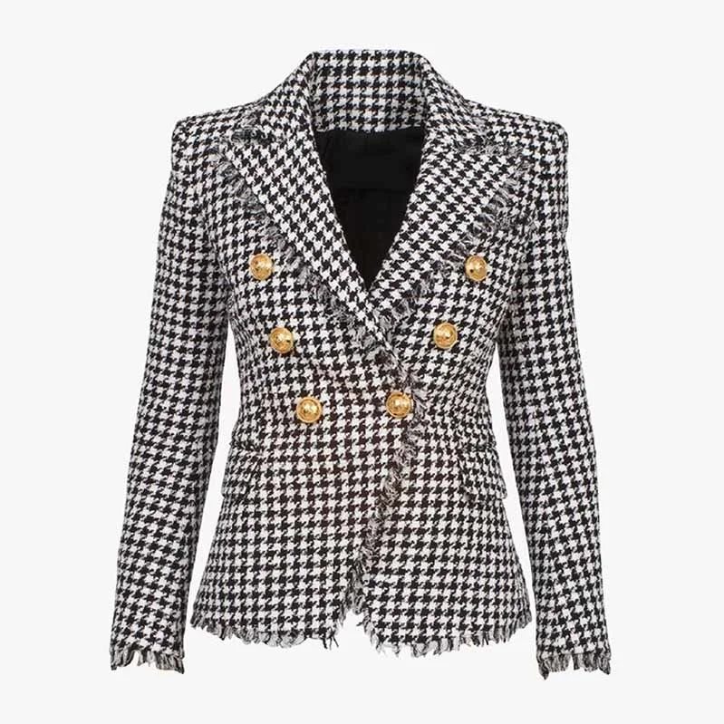 winter coat with fur trim for women -Womens Houndstooth Check Coat Fitted Fringe Tassel Golden Lion Buttons Blazer Jacket