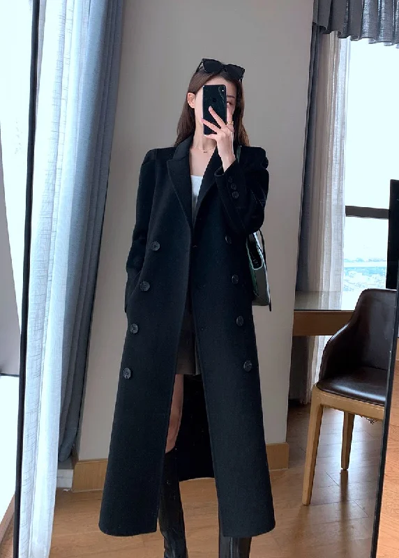 women's parka jackets -Black Double Breasted Belted Wool Blend Long Coat