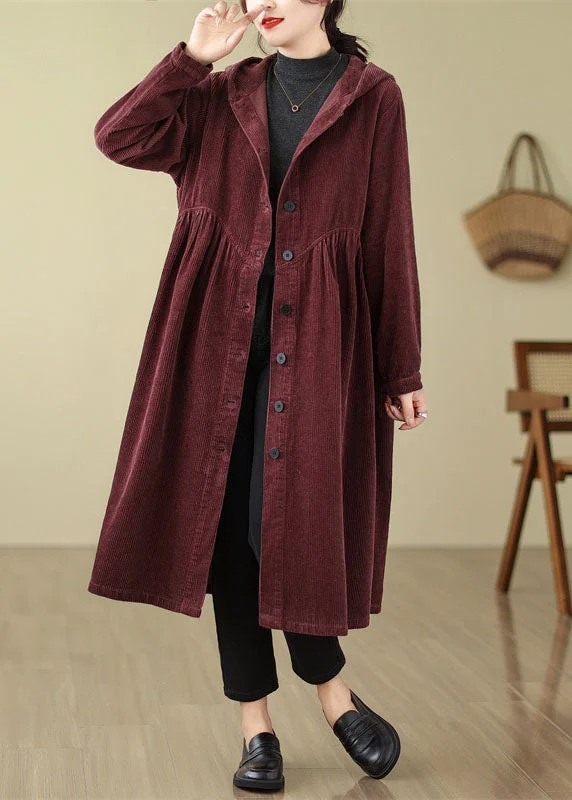 stylish jackets for women -Unique Mulberry Patchwork Wrinkled Button Corduroy Hooded Trench Coats Fall