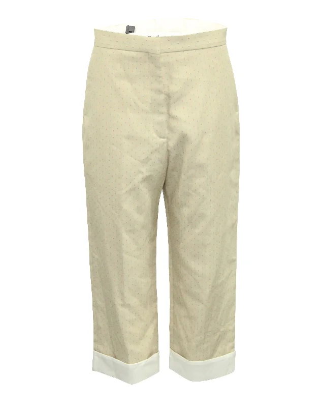 women's belted pants -Sandro Paris Microprint Cropped Wide Trouser in Beige Polyester