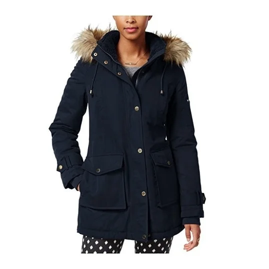 minimalist jackets for women -Rachel Roy Faux-Fur-Trimmed Hooded Parka Navy