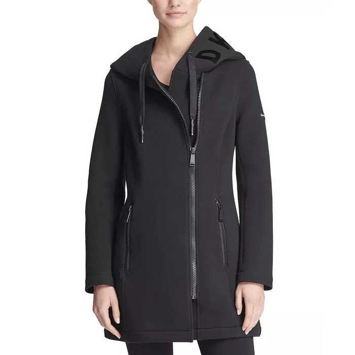 oversized coats for women -DKNY Women's Sport Asymmetrical Hooded Scuba Jacket Black Size Large