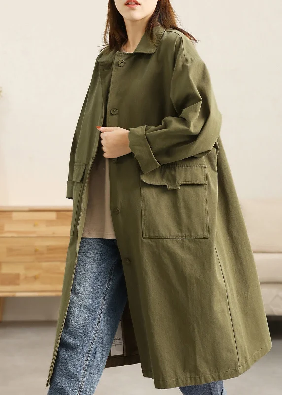 women's faux fur winter jackets -Plus Size Green Peter Pan Collar Button Pockets Cotton Trench Coats Long Sleeve