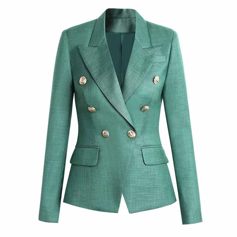 casual blazer jackets for women -Women's Teal Green Textured Luxury Fitted Double Breasted Blazer with Lion Buttons - SLIM FIT