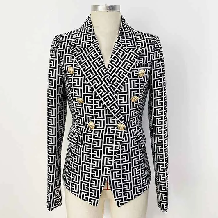 women's leather trench coats -Women's Golden Lion Buttons Maze Pattern Fitted Blazer Jacket