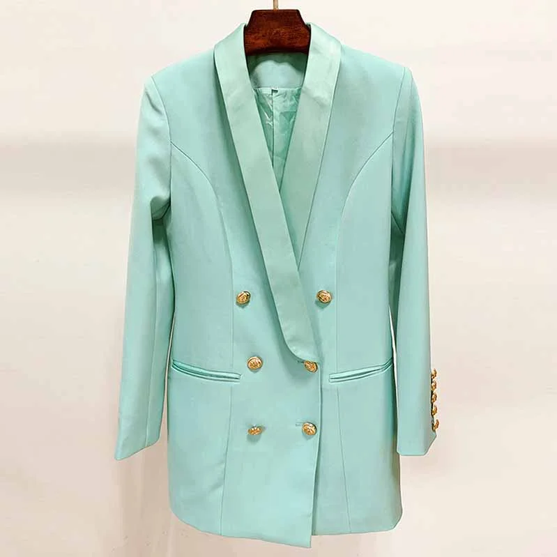 puffer jackets for women -Long Mint Blazer Jacket Womens Mint Coat Double Breasted Lion Button Blazer