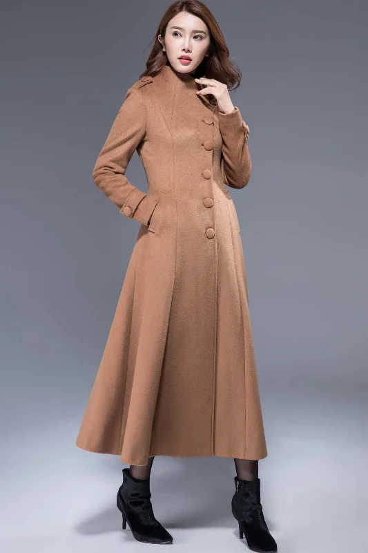 women's trench coat with belt -long buttoned camel wool coat winter warm jacket 1826#