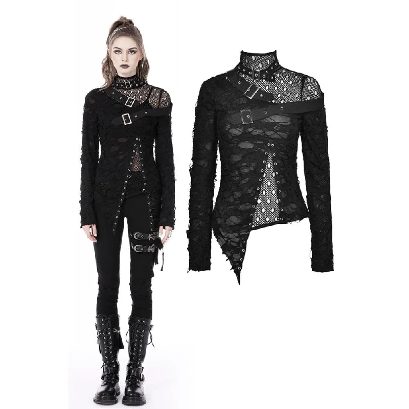 peplum tops for women -Women's Punk Irregular Ripped Mesh Splice Shirt