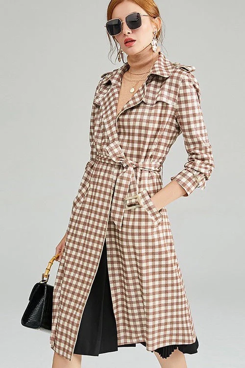 office coat blazers for women -Plaid Trench Coat W/ Belt