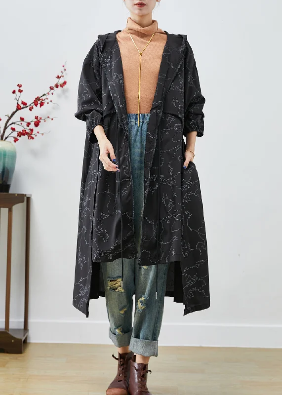 winter coat with fur trim for women -Boho Black Asymmetrical Print Drawstring Spandex Trench Coats Fall