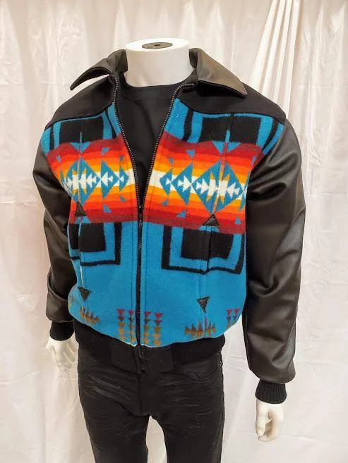 women's double-breasted coats -Bomber Jacket, Chief Joseph Turquoise with Napa Leather Sleeves and Collar