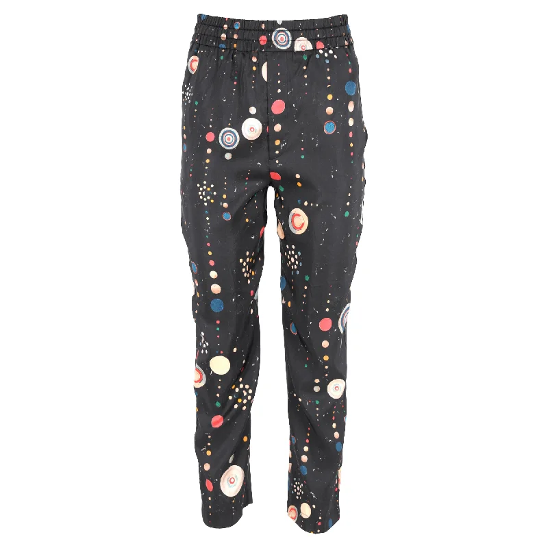 faux leather pants for women -Isabel Marant Polka Dots Print Gartered-Waist Straight-Leg Trousers in Black Cotton