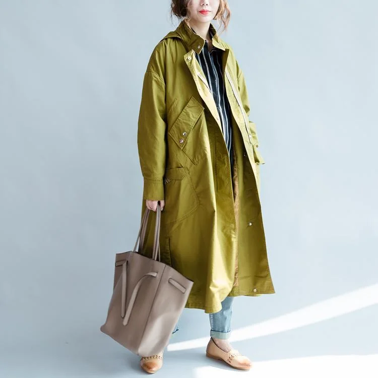 ladies' chic pea coats -Yellow coats hoodied cotton trench coats outwear long windbreakers oversize maxi coats