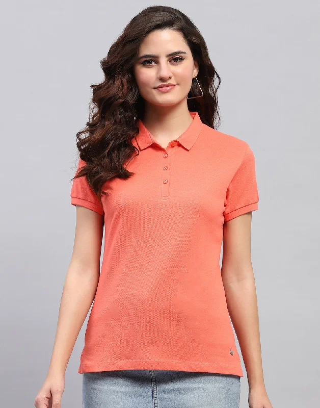 women's party tops -Women Coral Solid Collar Half Sleeve T-Shirt