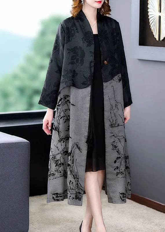 women's leather coats -Elegant Black Tasseled Patchwork Print Silk Trench Coat Spring