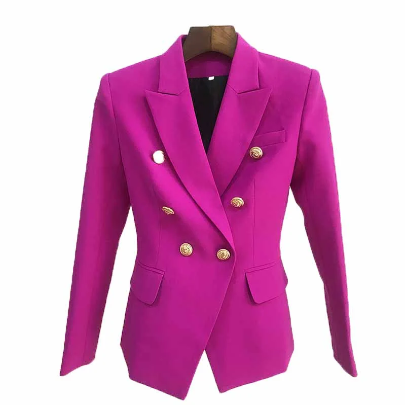 luxurious fur coats for women -Women's Purple Magenta Luxury Fitted Double Breasted Blazer with Lion Buttons