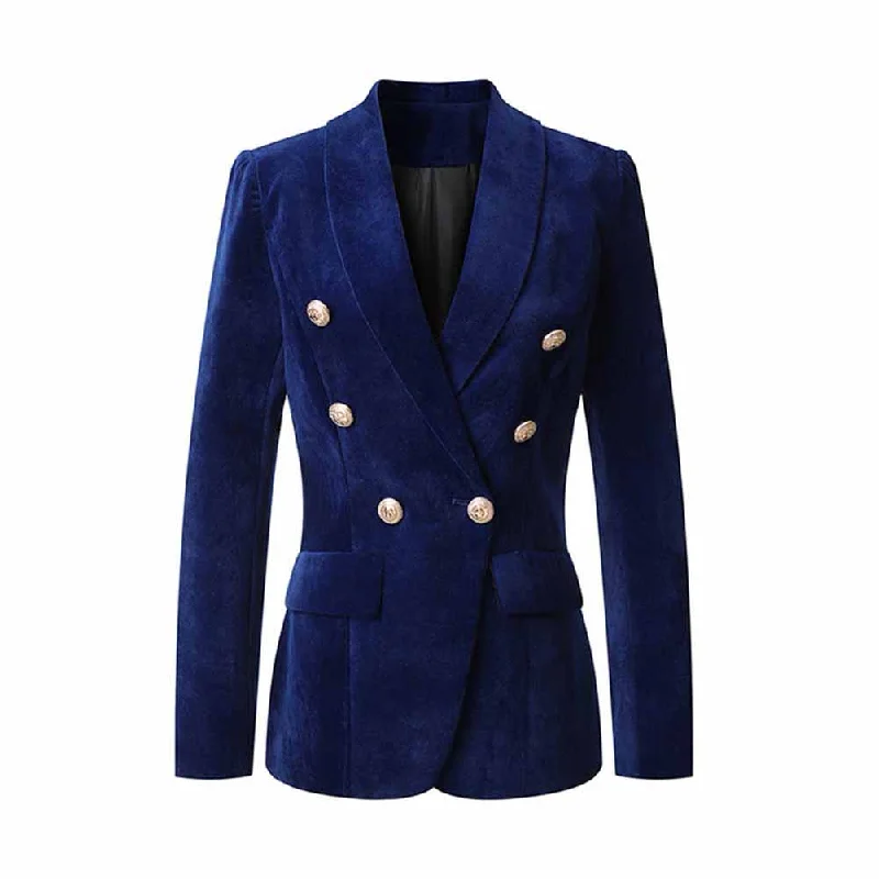 women's plaid coats -Women V-Neck Double Breasted Gold Buttons Dark Blue Blazer Jacket