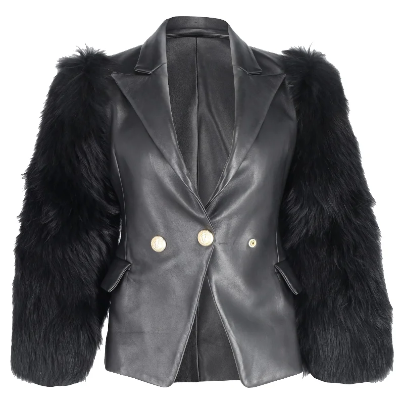 short puffer jackets for women -Balmain Single Breasted Fur Sleeve Blazer in Black Leather