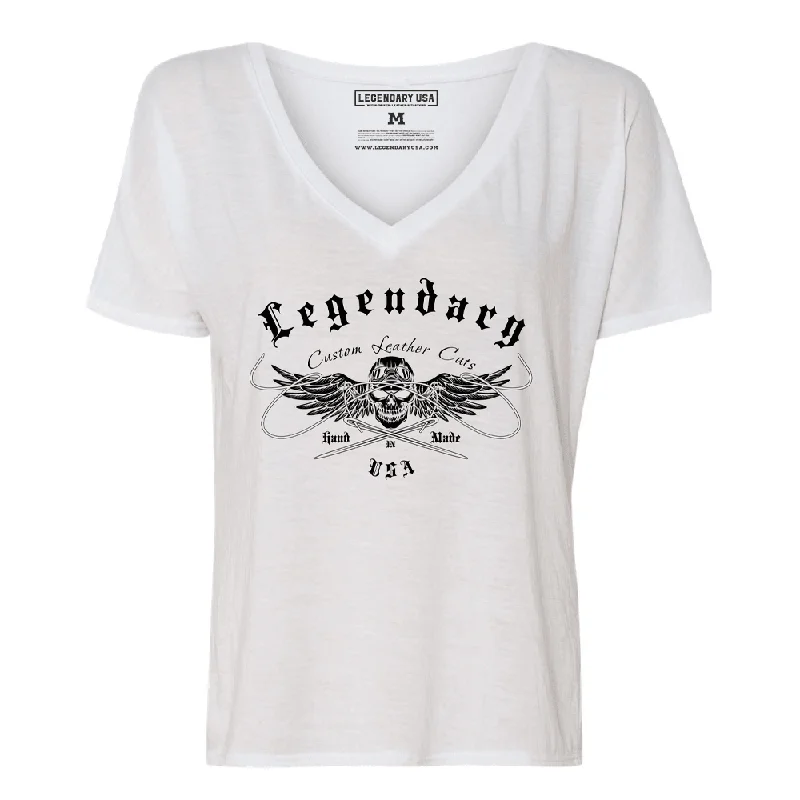 women's fitted tops -Legendary USA Womens 'See No Evil' Slouchy V-Neck T-Shirt (White)