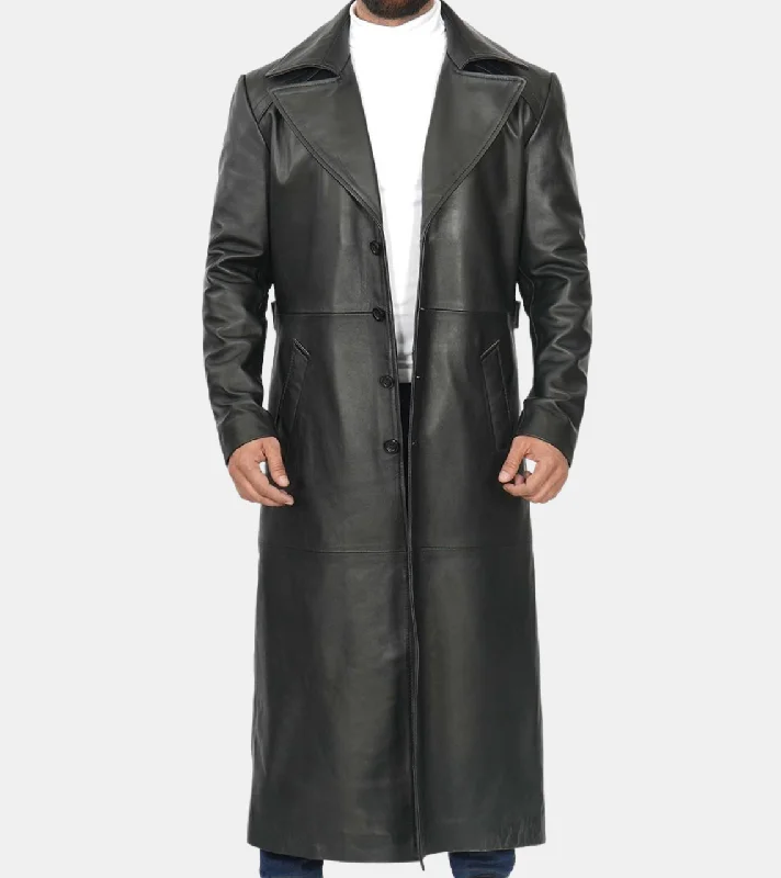 women's trench coats for fall -Indy Men's Black Leather Trench Coat