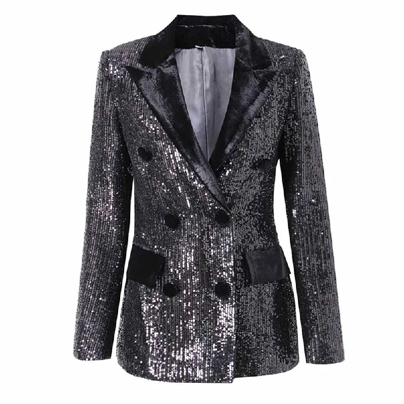 women's faux leather coats -Women Black Sequins Blazer Double Breasted Blazer